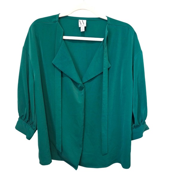 Worthington Womens Medium Green 3/4 Sleeve Tie Neck Button Blouse Top - Picture 1 of 6